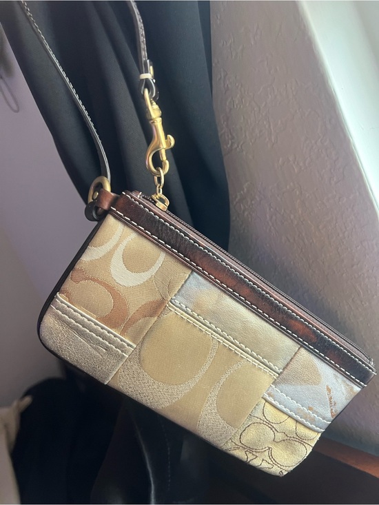 Coach Handbags - Coach Metallic Patchwork Signature Wristlet in Beige, Gold & Brown